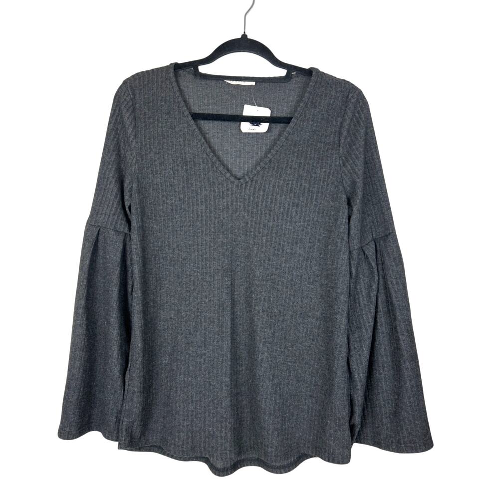 Entro Womens S Gray Ribbed Long Bell Sleeve Boho Casual Cozy Blouse Top NWT